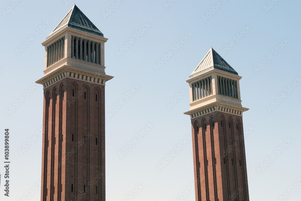 View of the two Venetian Towers located in the Plaza de Espana, Barcelona, Spain.