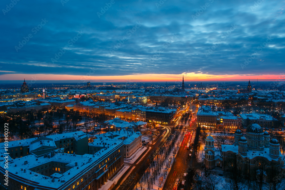 Top view of the evening Riga at sunset