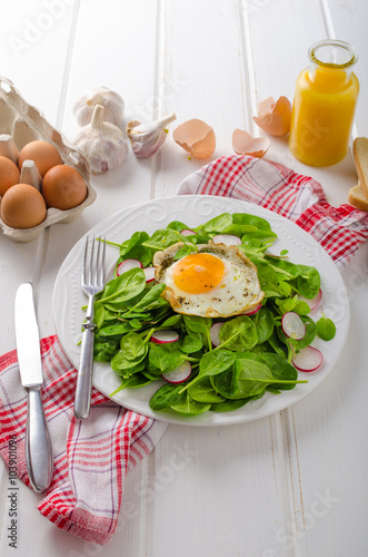 Fresh spinach, radish salad with fried egg