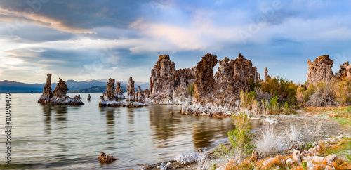 Sunrise at the Mono lake with mineral formations called tuffs, California