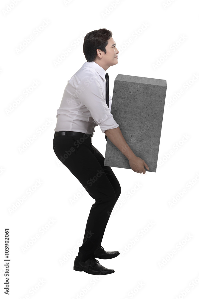 Asian business man lift heavy box Asian business man lift heavy box