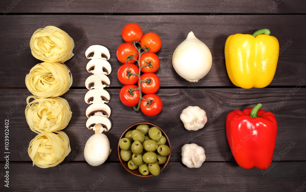 A set of ingredients for cooking pasta for Italian recipe A set of ingredients for cooking pasta for Italian recipe