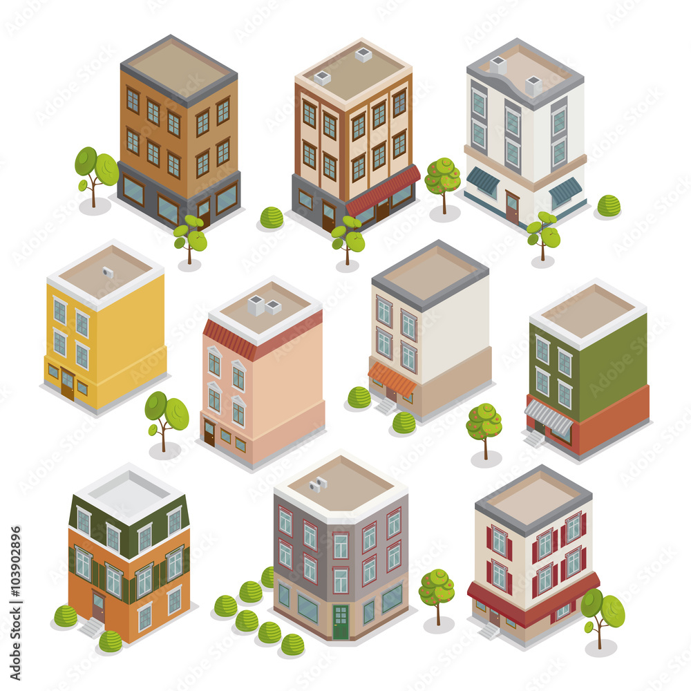 Isometric City Buildings Set. European Houses with Trees and Plants