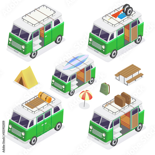 Isometric Camper Set with Different Vans and Camping Equipment