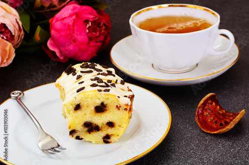 Easter Cake with White Icing, Tea and Chocolate