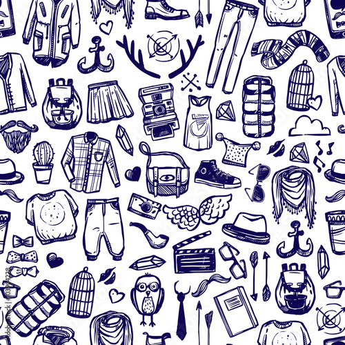 Valokuva Hipster fashion clothing doodle seamless pattern