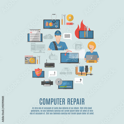Computer repair flat icons composition poster