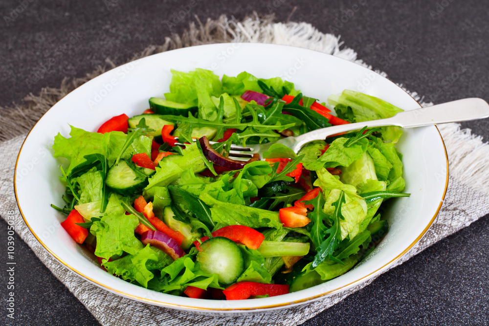 Lettuce with Arugula Cucumber sweet pepper red onion and balsami Lettuce with Arugula Cucumber sweet pepper red onion and balsami