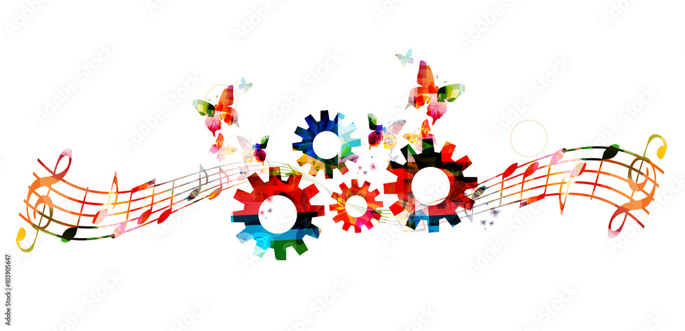 Colorful music notes background with gears. Colorful music notes background with gears.