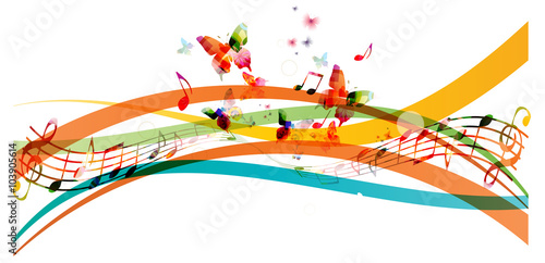 Colorful background with music notes and butterflies