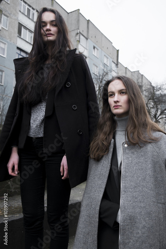 two beautiful fashion girl on the street  the atmosphere  the style