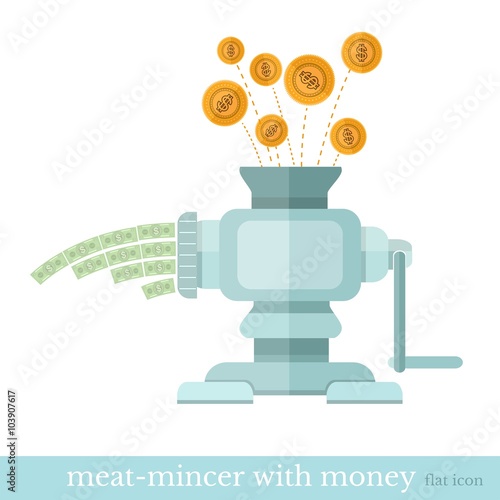 Flat design vector concepts icon of finance and business,coins fall into a meat grinder and bills gold