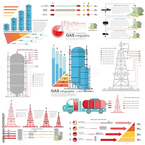 set of flat design of gas and gas rig infographics gas production delivery and gas storing