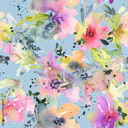 Abstract watercolor flowers. Seamless pattern. Bright colors. The unusual shape. © Karma