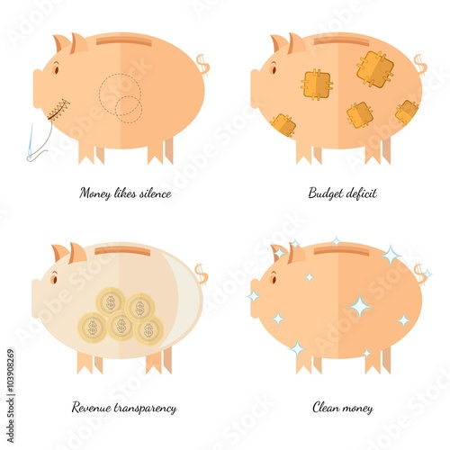 Flat design piggy bank icons vector illustration concepts of finance and business,money likes silence revenue transparency budget deficit clean money