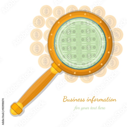 flat concept business icon gold coins throught magnifying glass