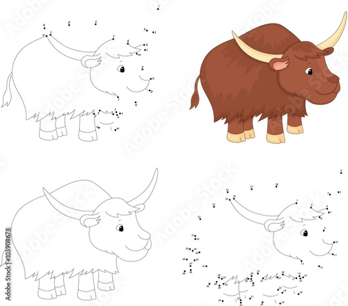 Cartoon yak. Coloring book and dot to dot game for kids