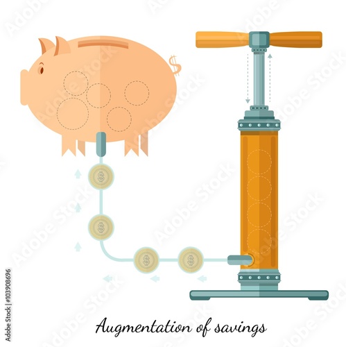 Flat design vector illustration concepts of finance and business, augmentation of saving piggy bank and pump