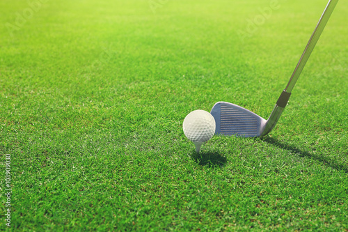 Golf club and ball on a green grass