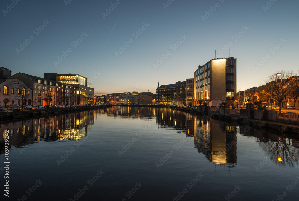 Cork city river reflection at dusk