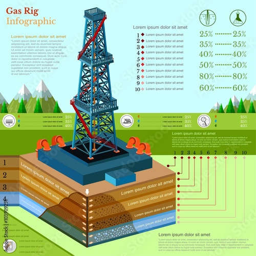 oil derrick tower or gas rig infographic with landscape