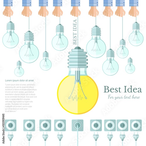 many lamp or lightbulb light off and only one light on with plug and socket Idea flat background