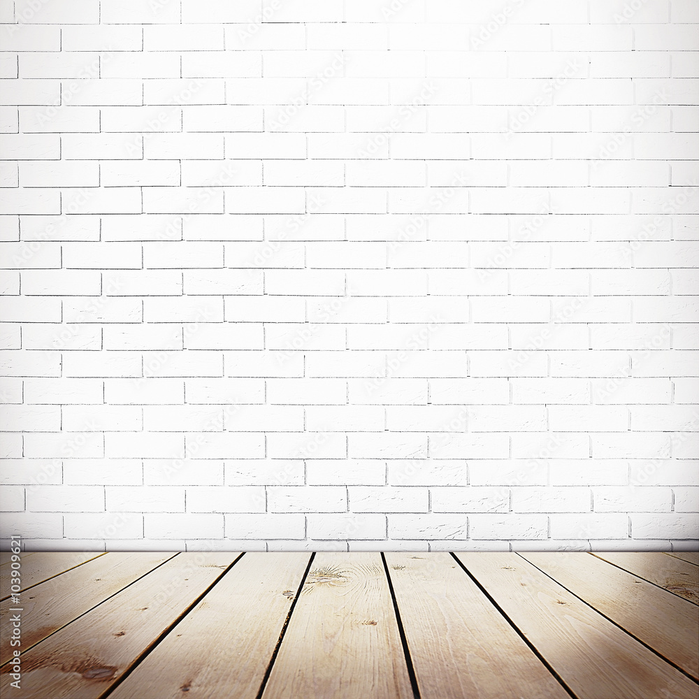 Fototapeta premium Room interior with brick wall and wooden floor