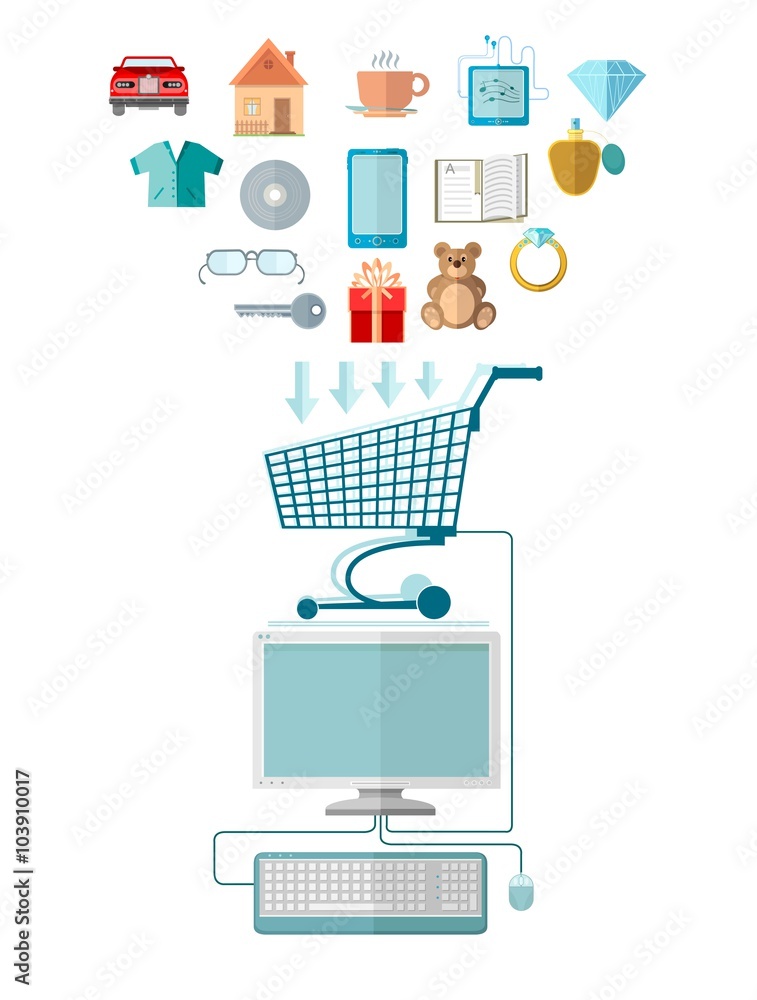 Flat design marketing illustration with computer join with shopping cart and set of icons for E-shoping Flat design marketing illustration with computer join with shopping cart and set of icons for E-shoping