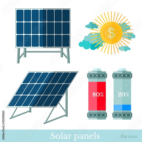 flat solar panels battery and sun