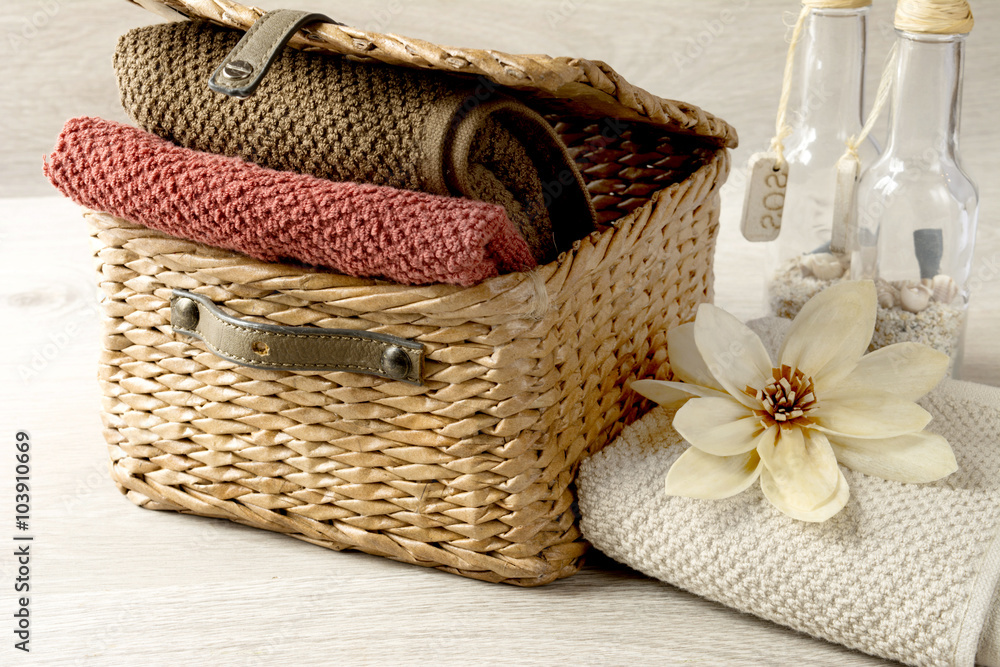 towels in a wicker basket