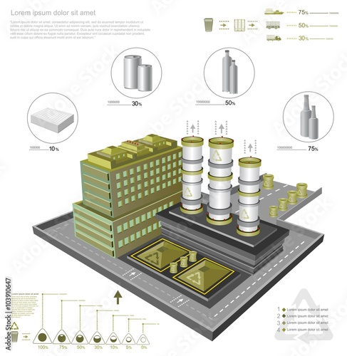 infographic with recycling factory and processing facilities