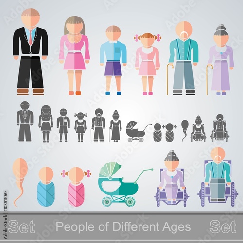 set of flat design different age isolated people from infant to retiree