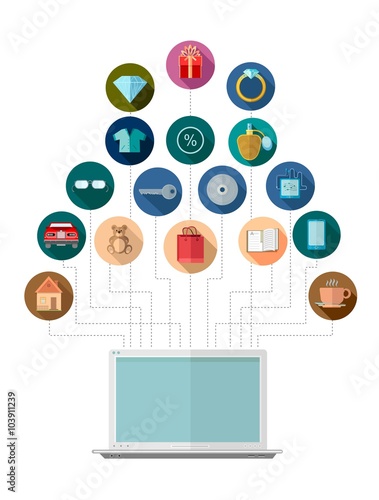 Flat design marketing illustration with open laptop join with set of icons on the circle background with shadow for E-shoping