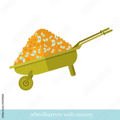 flat business icon wheelbarrow with heap of money