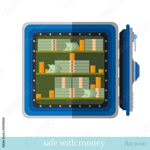 flat business icon open safe with money coin and bank note