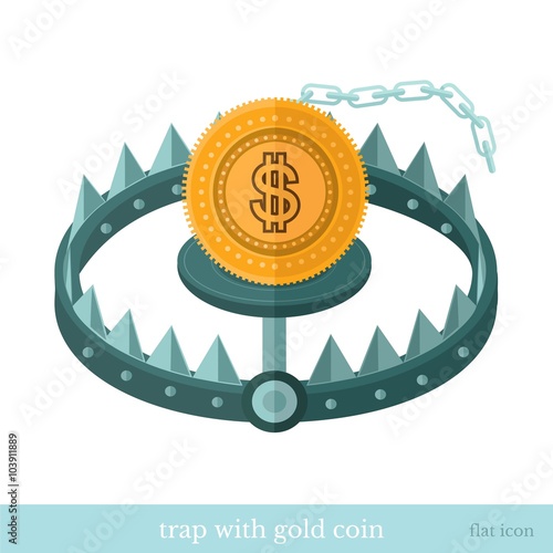 flat icon trap with gold coin isolated on white