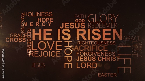 He is risen. UltraHD Christian text, lights and particles on brown background.