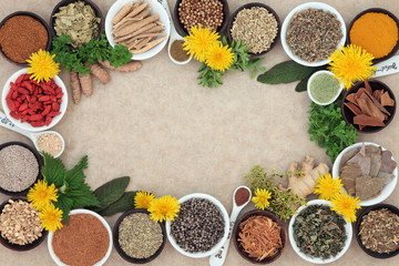 Herbal medicine selection with fresh and dried herbs and spices forming an abstract background on natural hemp paper.  