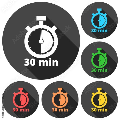 30 minutes stopwatch symbol, Timer icons set with long shadow