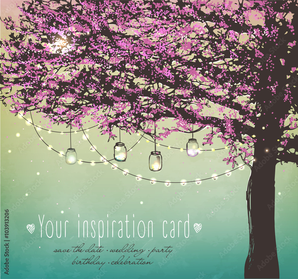 Naklejka premium Inspiration card for wedding, date, birthday, tea and garden party. Beautiful pink tree with decorative lights for party