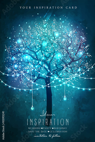 Inspiration card for wedding, date, birthday, tea party. Beautiful magic tree with decorative lights for party