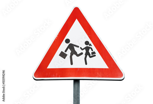 Road sign caution children isolated on white