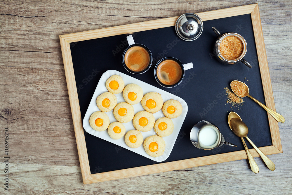 coffee cup top view and cookies. coffee break coffee cup top view and cookies. coffee break