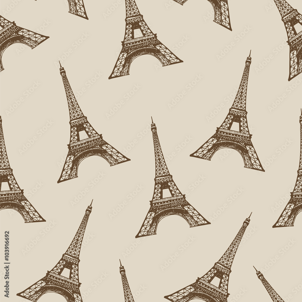 Seamless vector pattern with hand drawn illustration of Eiffel T