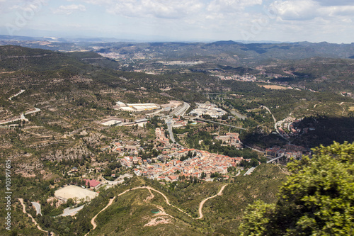 Wide view from the beautiful mountains of Montserrat where a famous benedictine abbey is located near Barcelona city, Spain.