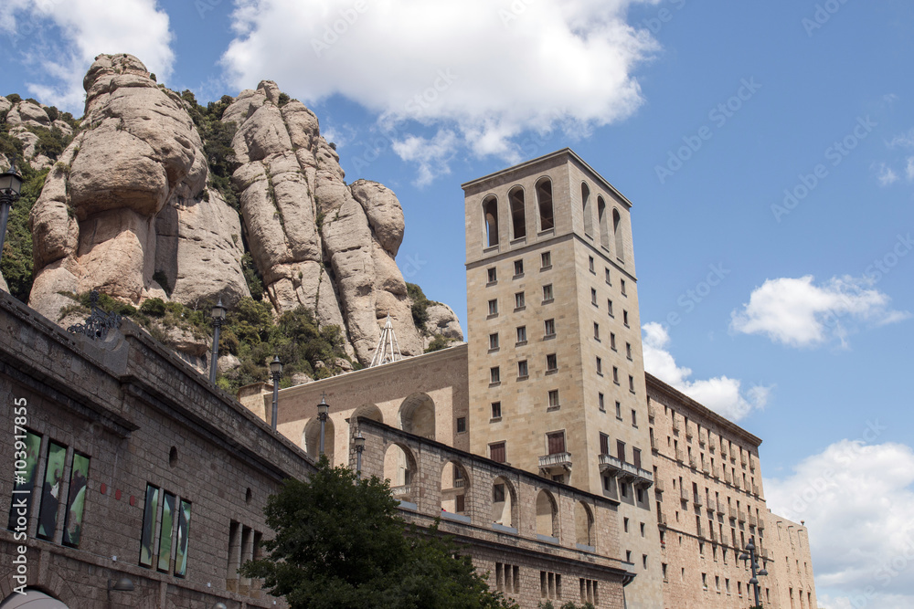 View of the famous benedictine abbey in the Montserrat mountains, located near Barcelona city, Spain.