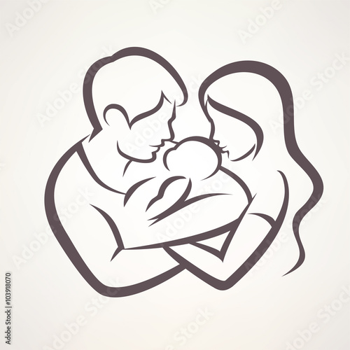 happy family stylized vector symbol, young parents and baby