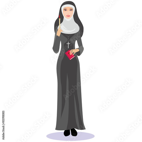 nun with a candle and a Bible in the hands of