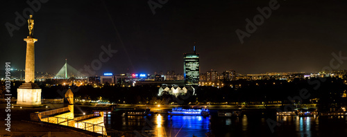 Panoramic view of Danube river at night, Belgrade, Serbia