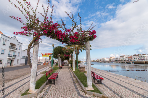 Wide view of the picturesque city of Tavira, Portugal, crossed b